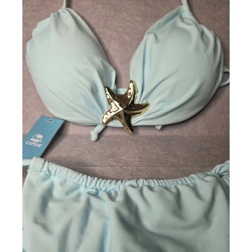 CUPSHE Lt Blue Starfish Bikini Set Gold Hardware Tie Sz XL Swimsuit